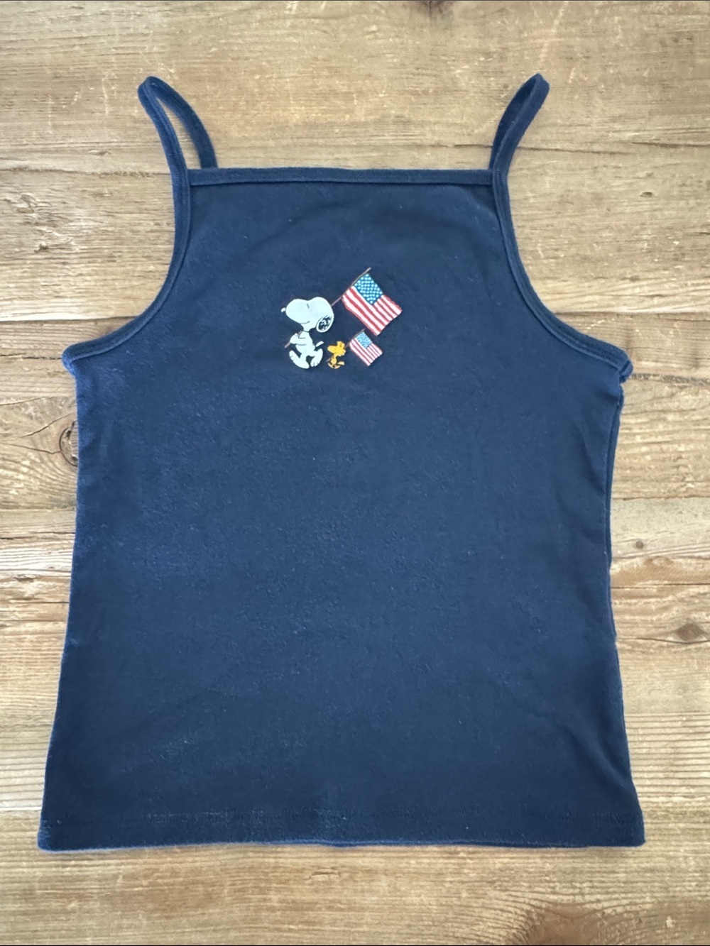 abercrombie kids navy spaghetti-strap top with Snoopy & flag motif